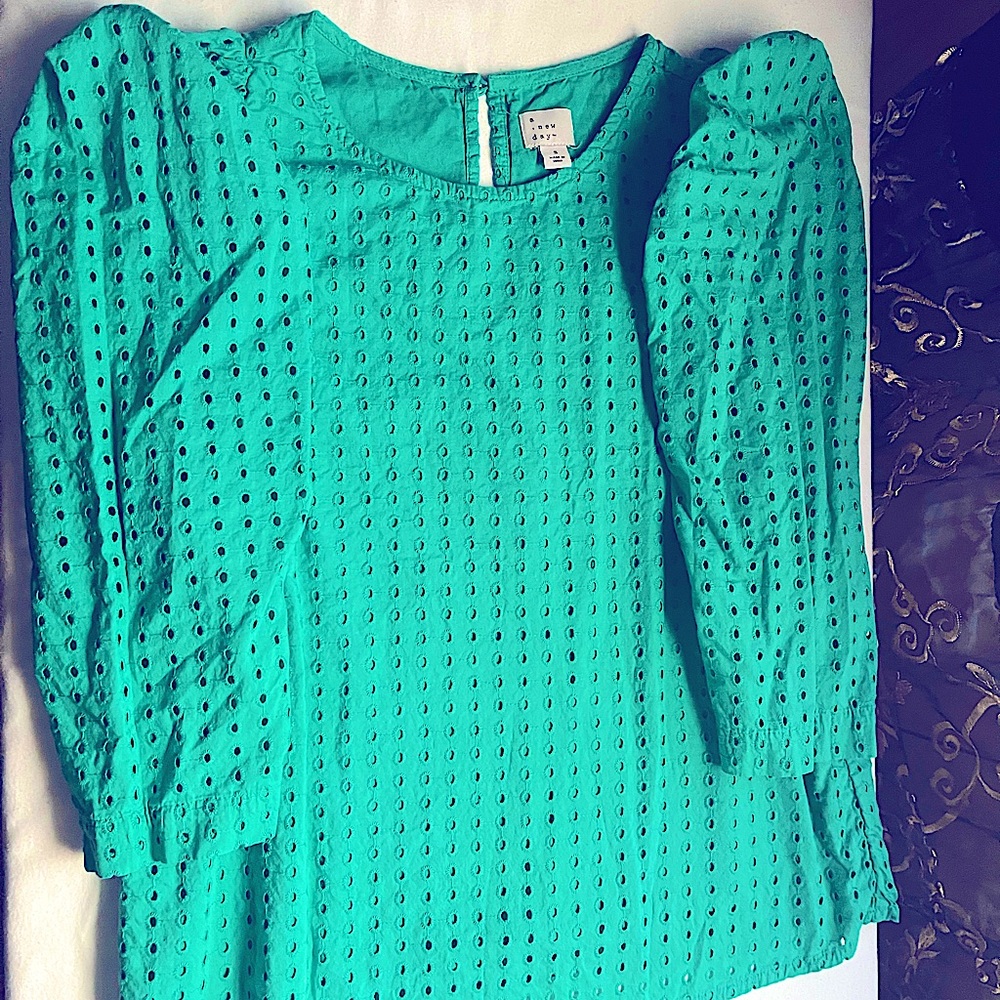 Almost an emerald green blouse , with eyelet design and butterfly sleeves.